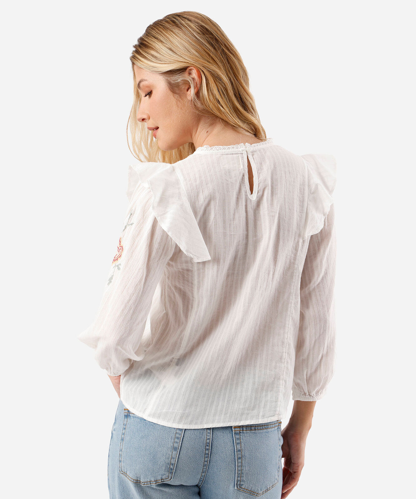 bata feminina de algodão com bordado e babado manga longa off white