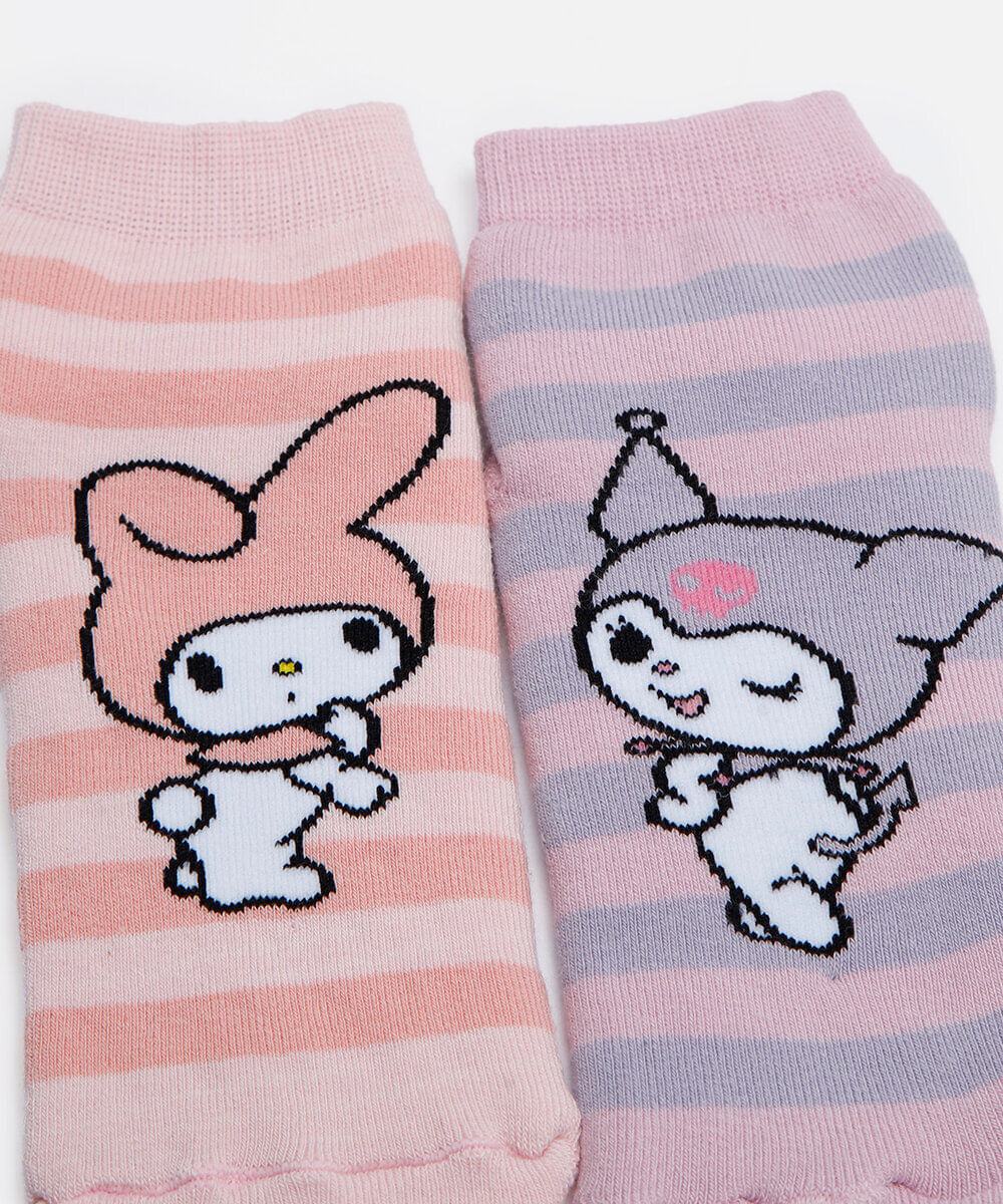 kit de 2 meias cano médio infantil hello kitty listrado colorido