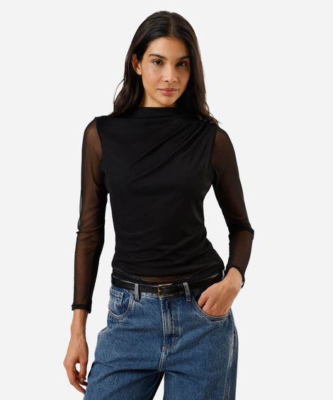 blusa feminina de tule gola alta com pregas preta