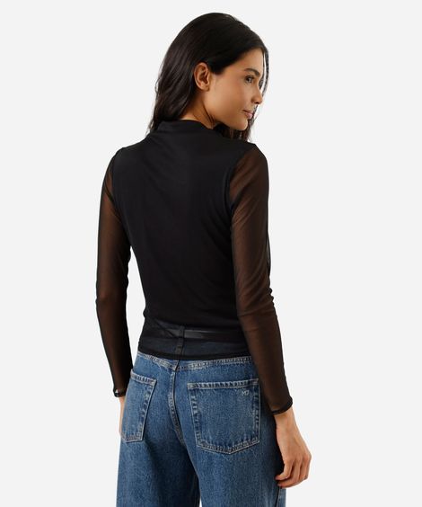 blusa feminina de tule gola alta com pregas preta