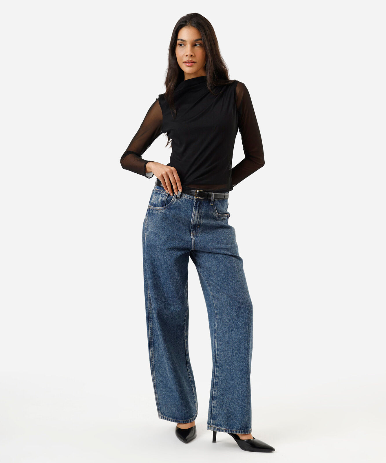 blusa feminina de tule gola alta com pregas preta