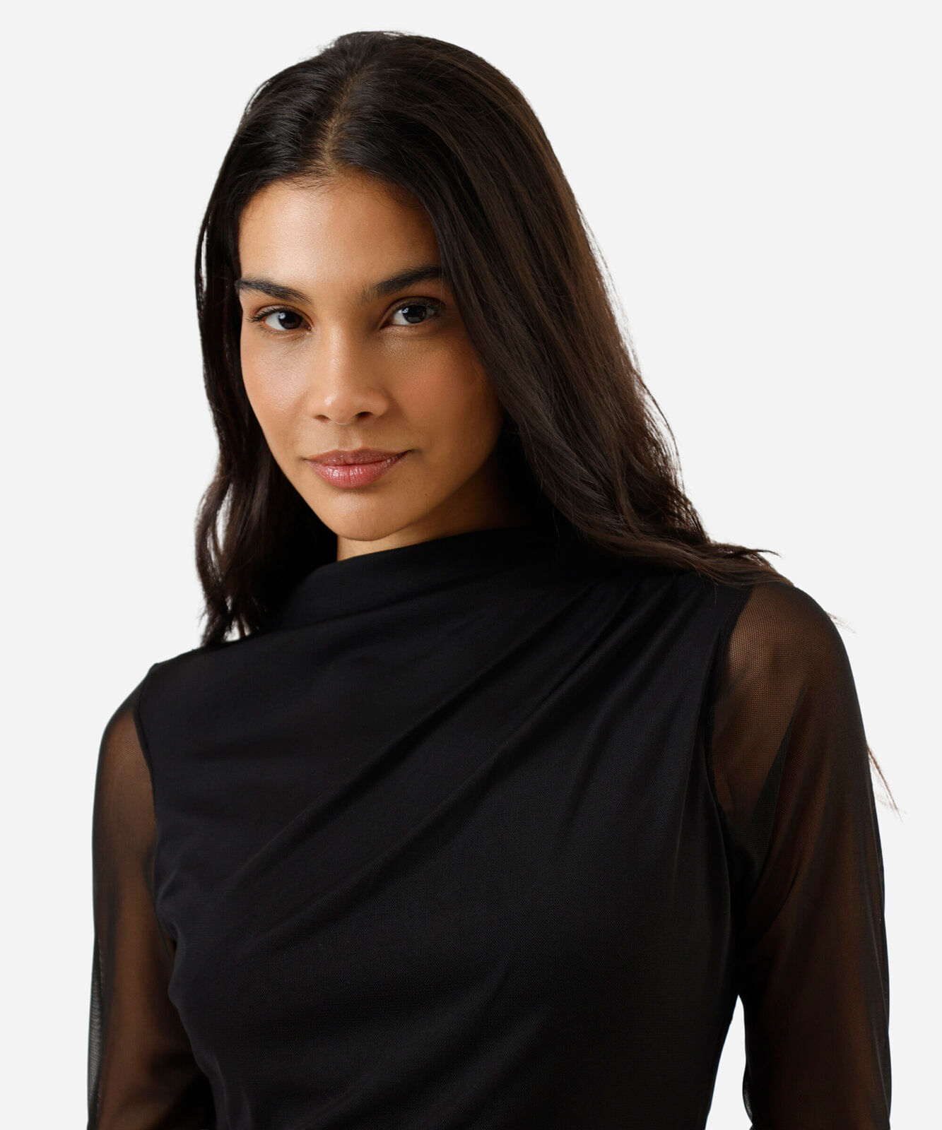 blusa feminina de tule gola alta com pregas preta
