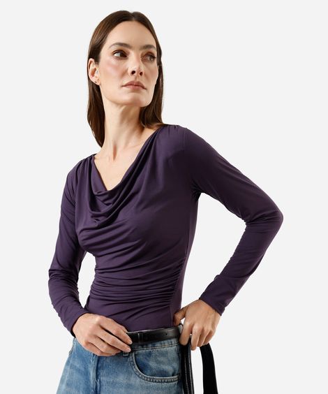 blusa feminina decote degagê manga longa roxa