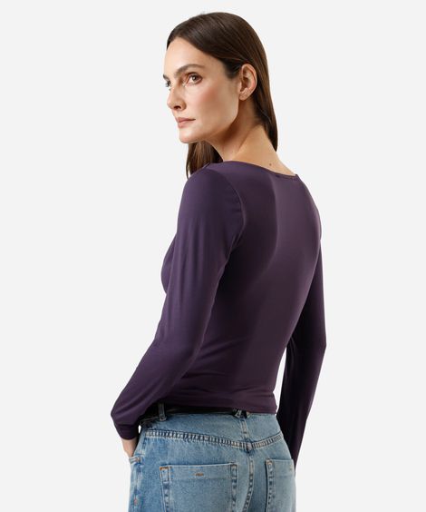 blusa feminina decote degagê manga longa roxa