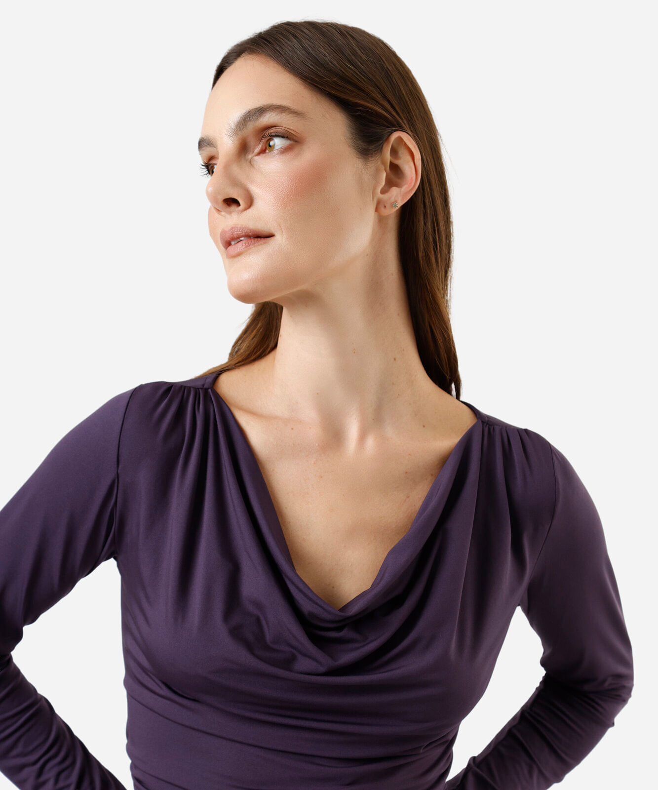 blusa feminina decote degagê manga longa roxa