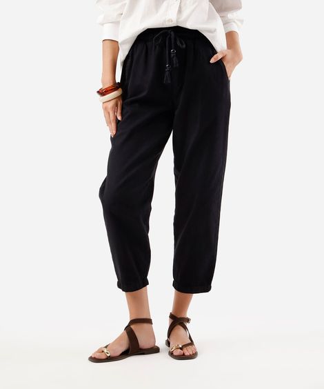 calça clochard feminina de sarja cós elástico preta