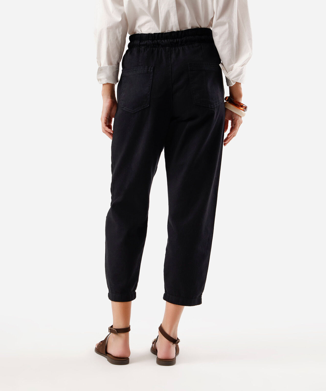 calça clochard feminina de sarja cós elástico preta