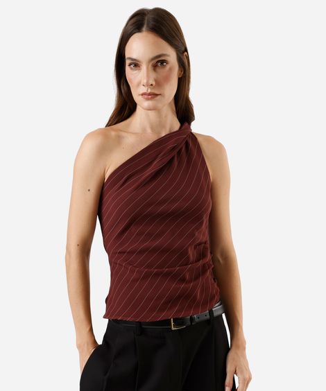 blusa ombro único feminina risca de giz vinho
