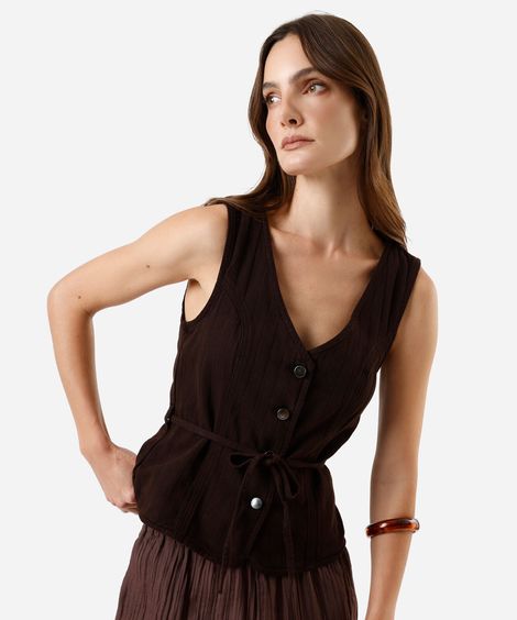 colete feminino de sarja texturizado com amarração marrom
