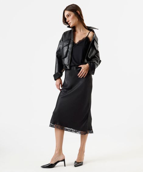 saia midi evasê feminina com renda preta