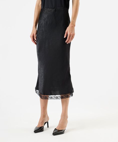 saia midi evasê feminina com renda preta