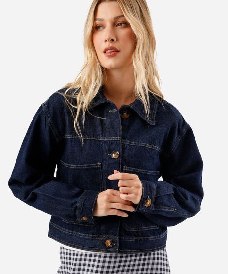 jaqueta cropped feminina jeans com bolsos azul