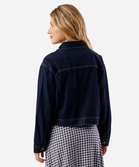 jaqueta cropped feminina jeans com bolsos azul