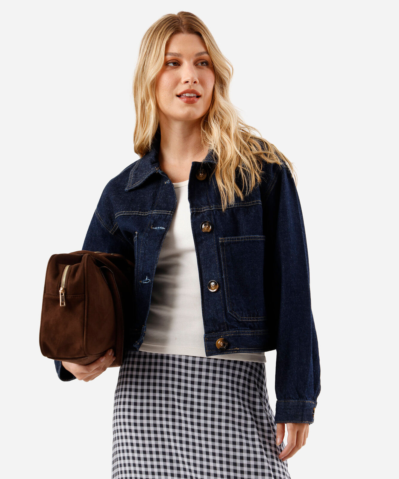jaqueta cropped feminina jeans com bolsos azul