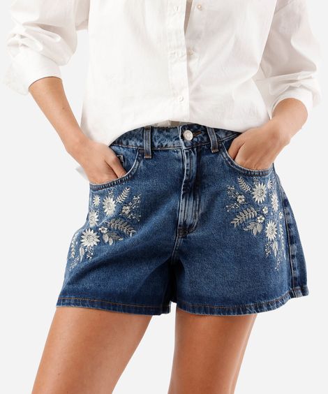 short feminino jeans cintura alta com bordado floral azul