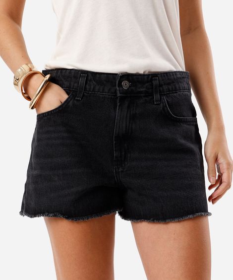 short feminino jeans cintura baixa com barra desfiada preto