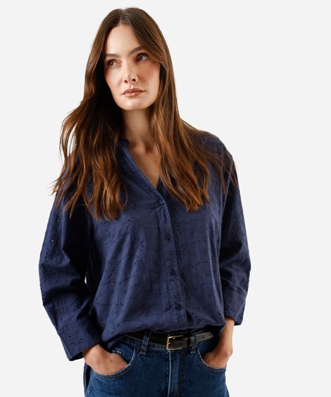 camisa feminina de laise manga longa azul