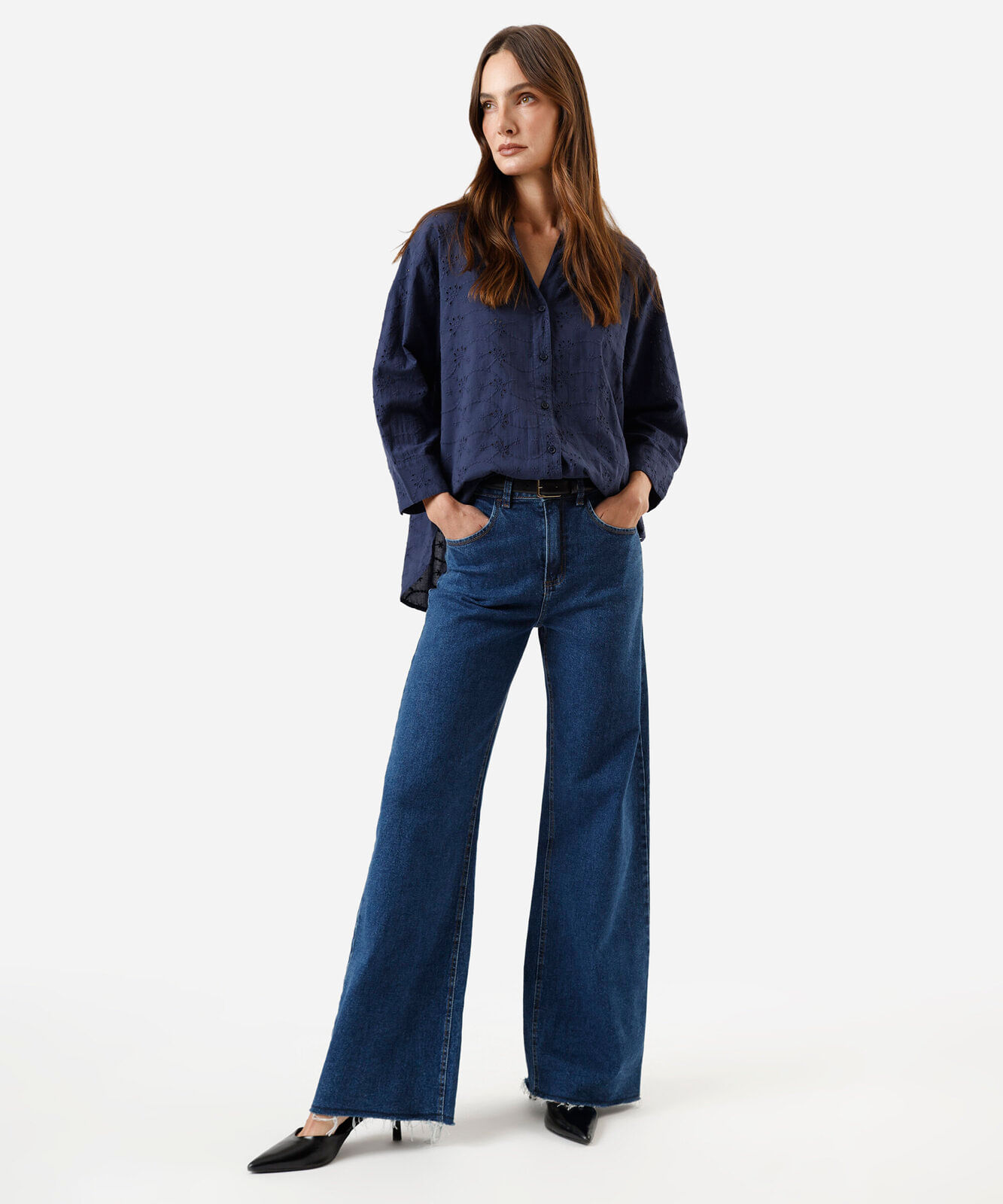 camisa feminina de laise manga longa azul