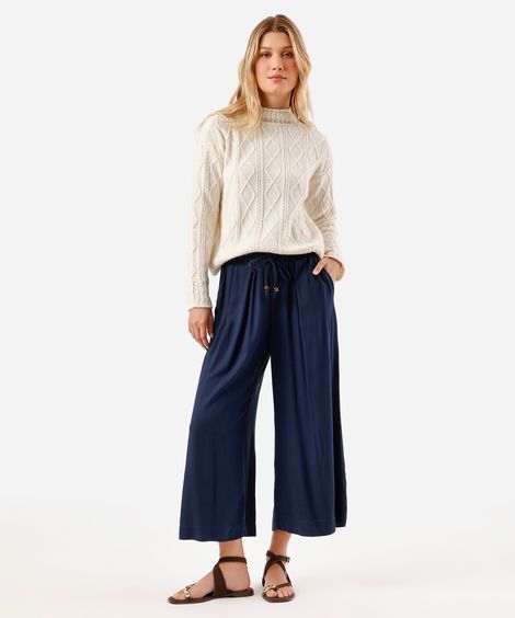 calça pantacourt feminina de viscose com pregas azul