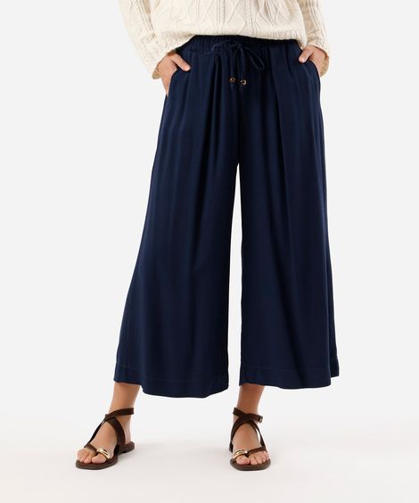 calça pantacourt feminina de viscose com pregas azul