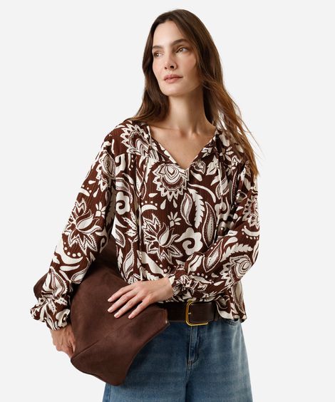 bata feminina de viscose com lurex floral marrom