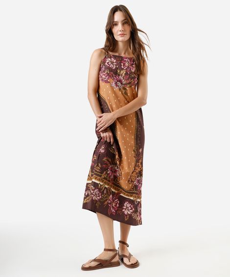 vestido midi alça fina  feminino com algodão floral com fendas marrom