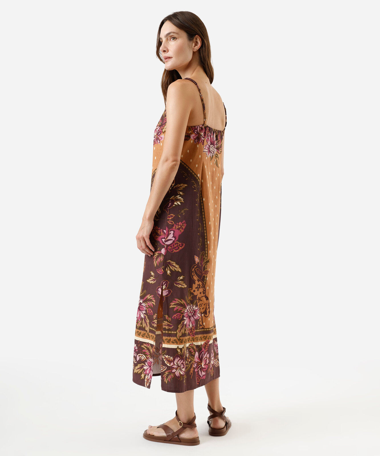 vestido midi alça fina  feminino com algodão floral com fendas marrom