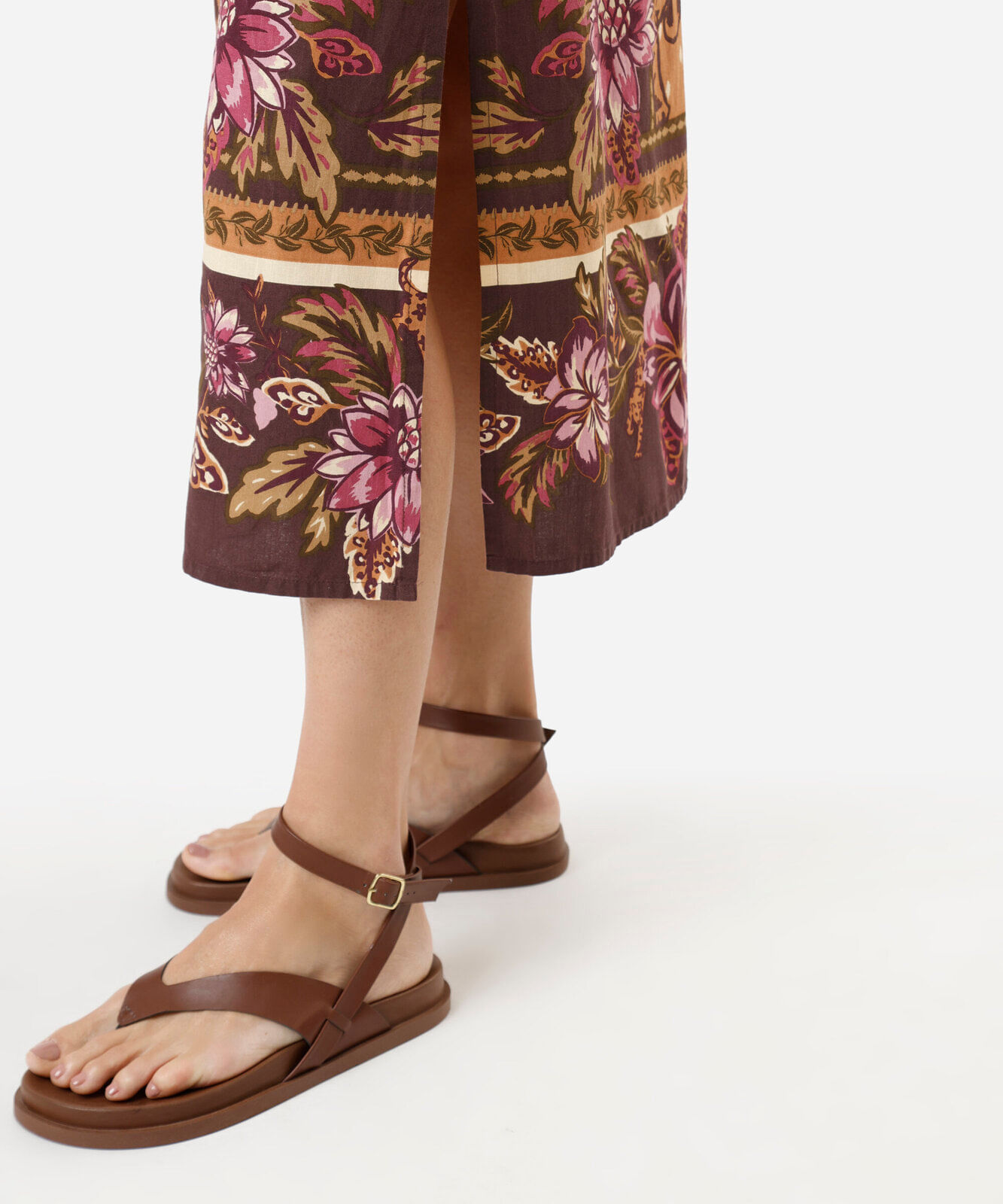 vestido midi alça fina  feminino com algodão floral com fendas marrom