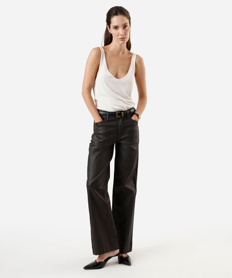 calça wide leg feminina de sarja resinada cintura alta marrom