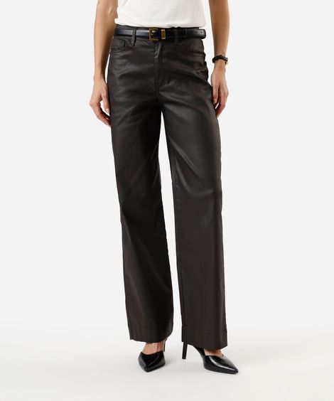 calça wide leg feminina de sarja resinada cintura alta marrom