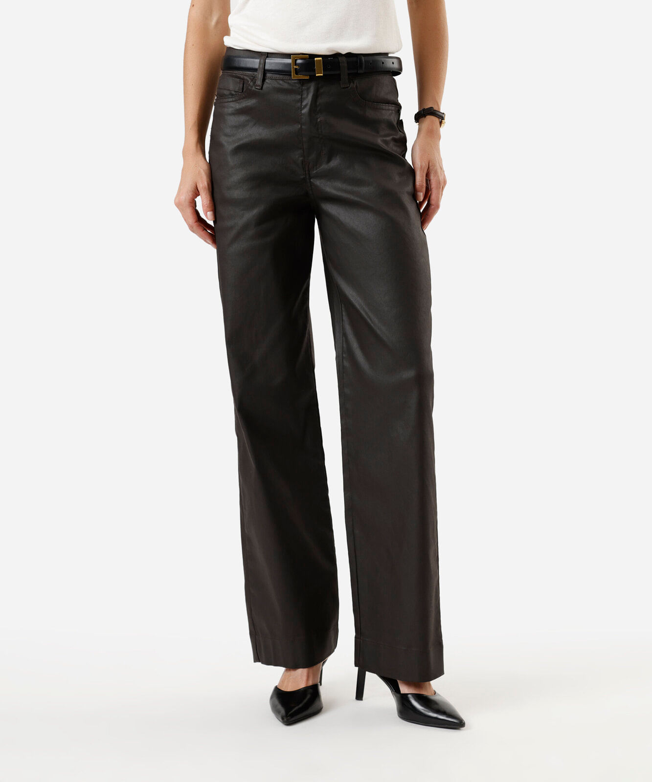 calça wide leg feminina de sarja resinada cintura alta marrom