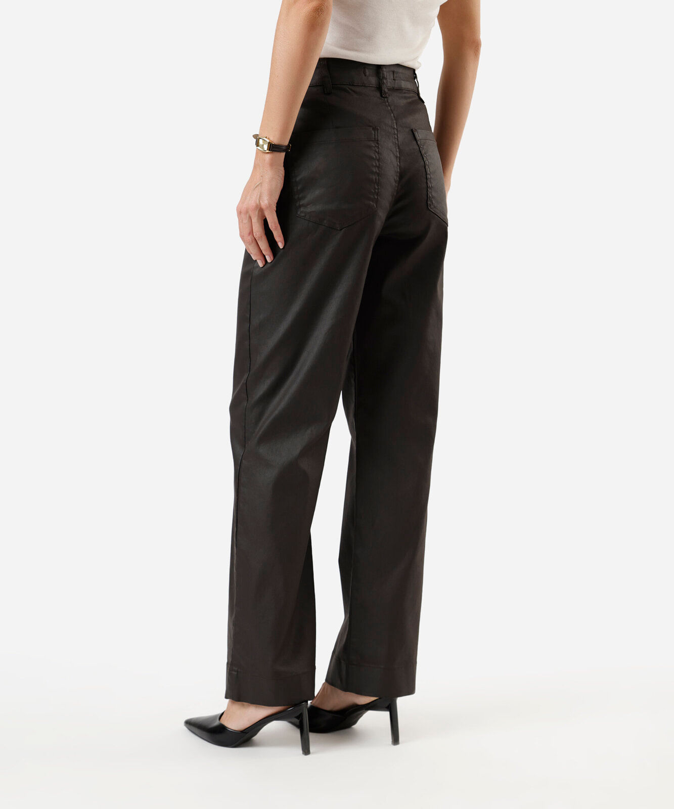 calça wide leg feminina de sarja resinada cintura alta marrom