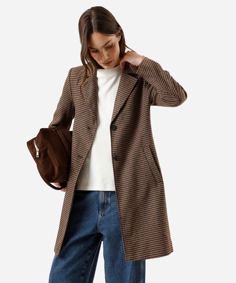 casaco alongado feminino pied de poule bege