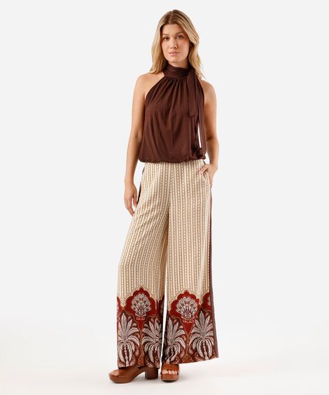 calça wide leg feminina de viscose folhagens bege