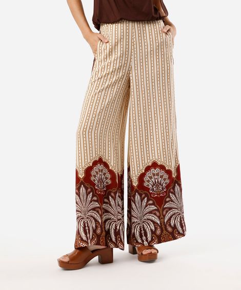 calça wide leg feminina de viscose folhagens bege