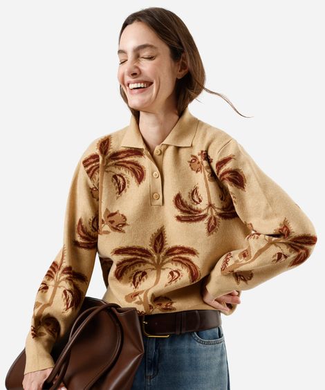 suéter feminino de tricot com gola folhagens bege