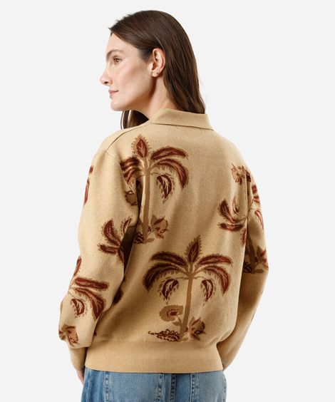 suéter feminino de tricot com gola folhagens bege