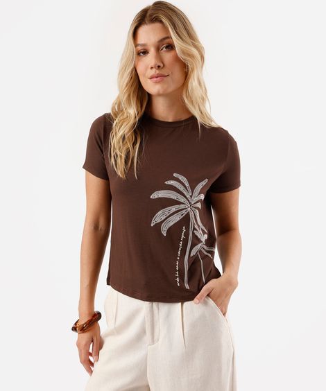 blusa feminina de viscose decote redondo folhagens marrom