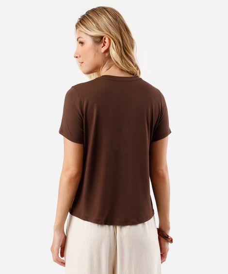blusa feminina de viscose decote redondo folhagens marrom