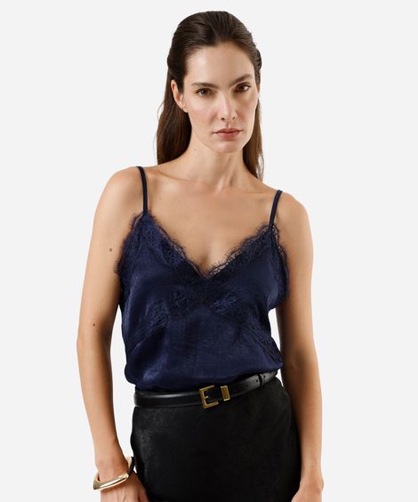 regata alça fina feminina acetinada com renda azul