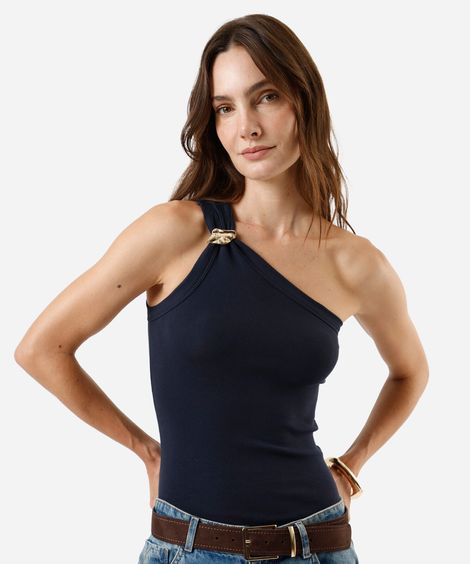 blusa ombro único feminina de algodão com fivela azul