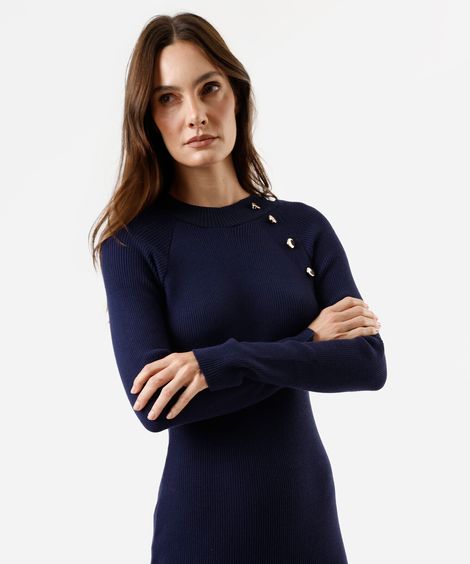 vestido midi feminino de tricot manga longa canelado azul
