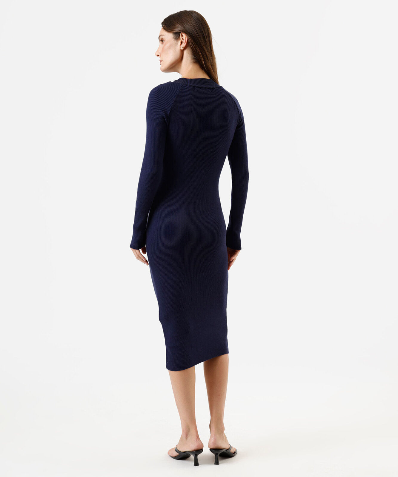vestido midi feminino de tricot manga longa canelado azul