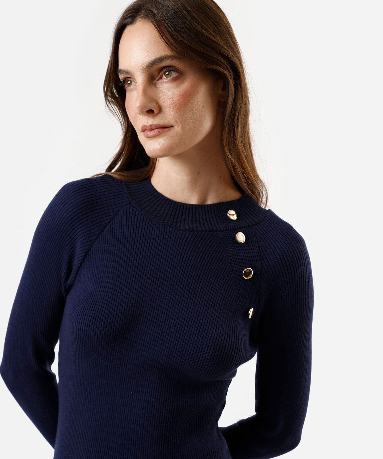 vestido midi feminino de tricot manga longa canelado azul