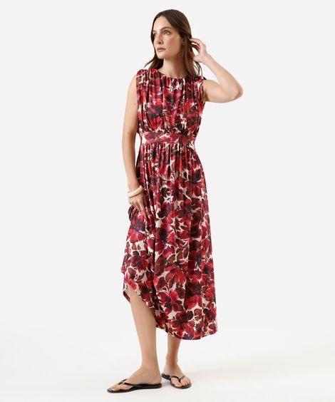 vestido midi feminino franzido floral rosa