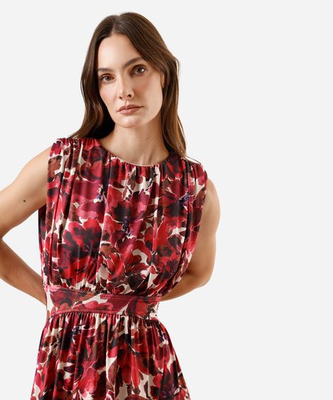 vestido midi feminino franzido floral rosa