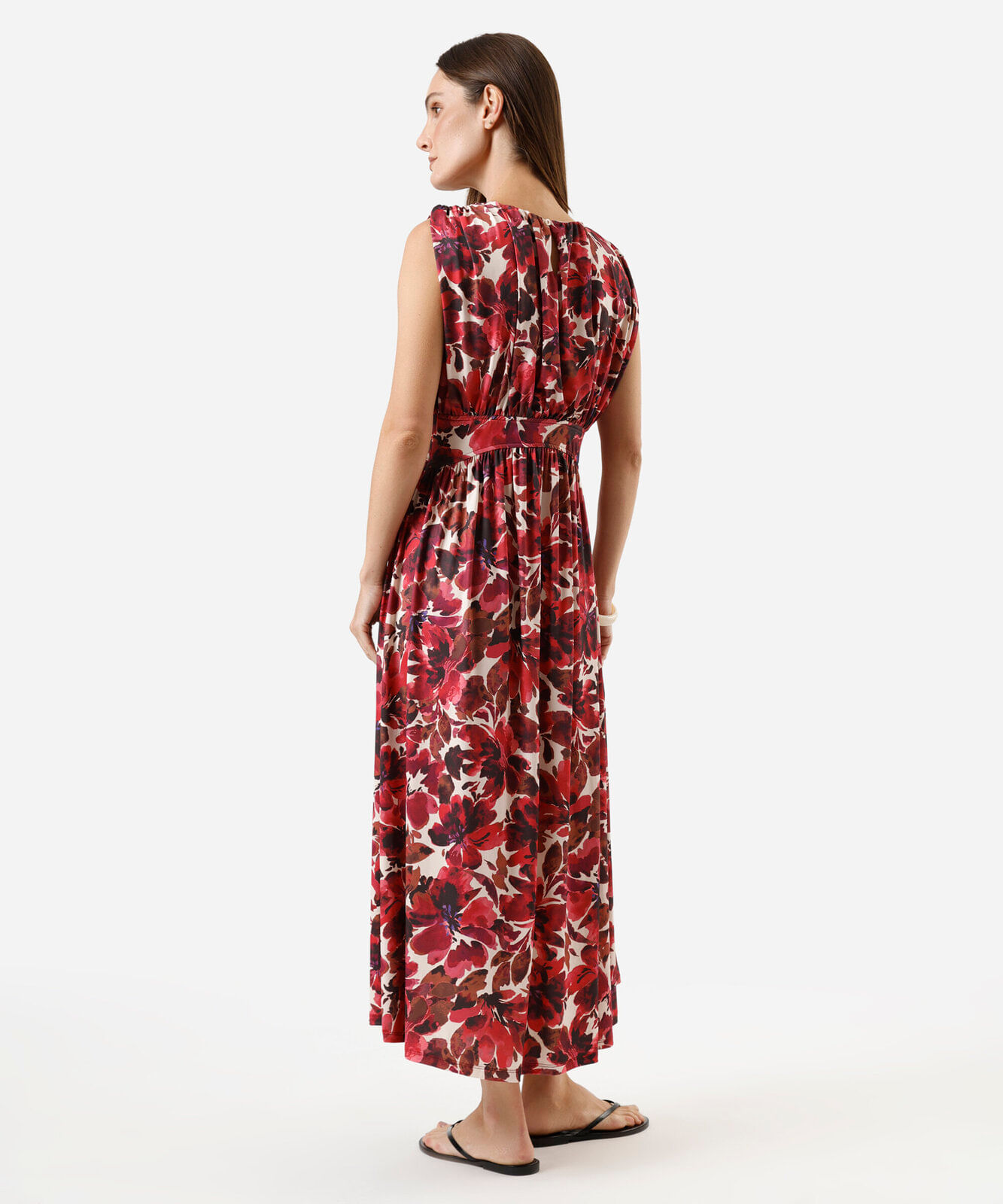 vestido midi feminino franzido floral rosa