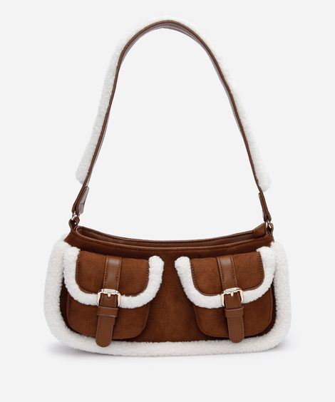 bolsa baguete com bolsos e pelos marrom