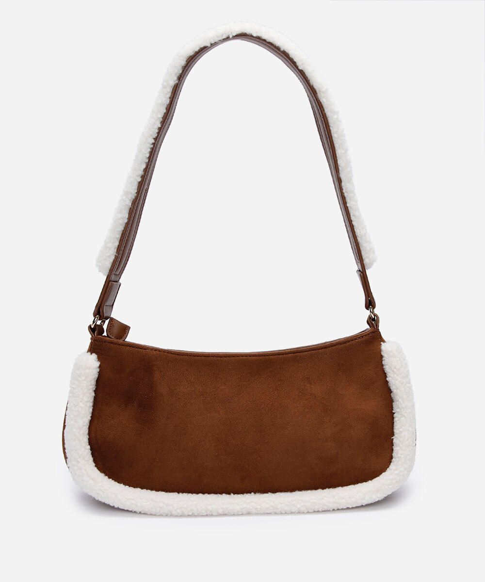 bolsa baguete com bolsos e pelos marrom