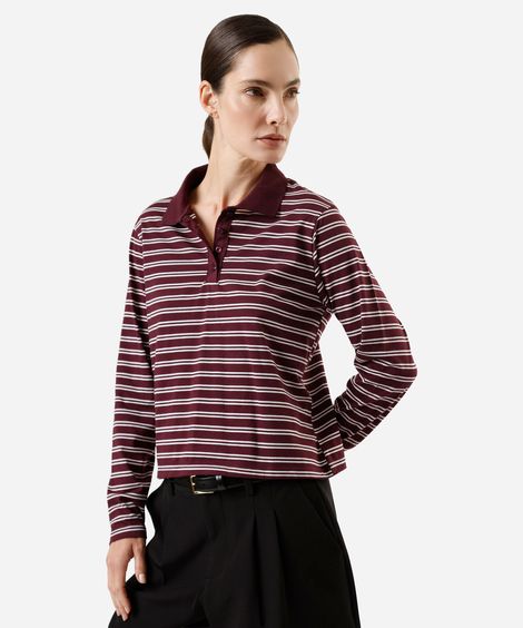 polo feminina com algodão manga longa listrada vinho